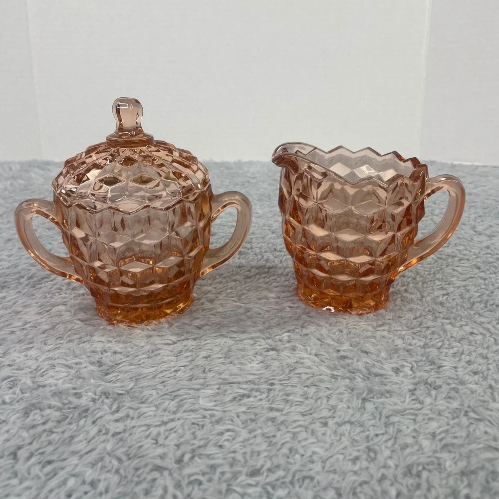 Vintage Jeanette Glass Creamer Sugar Set Pink Diamond Cube Cubist Pattern